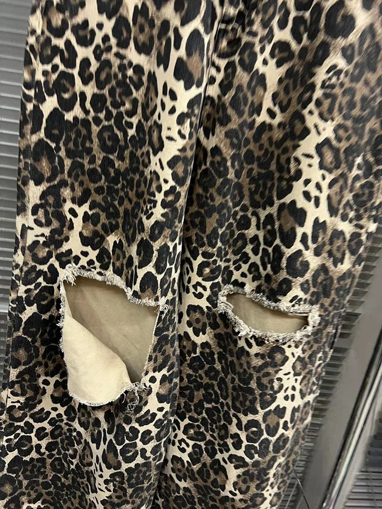 TWOTWINSTYLE Leopard Ripped Wide Leg Jeans For Women High Waist Patchwork Button Loose Fashion Denim Pant Female Clothing New