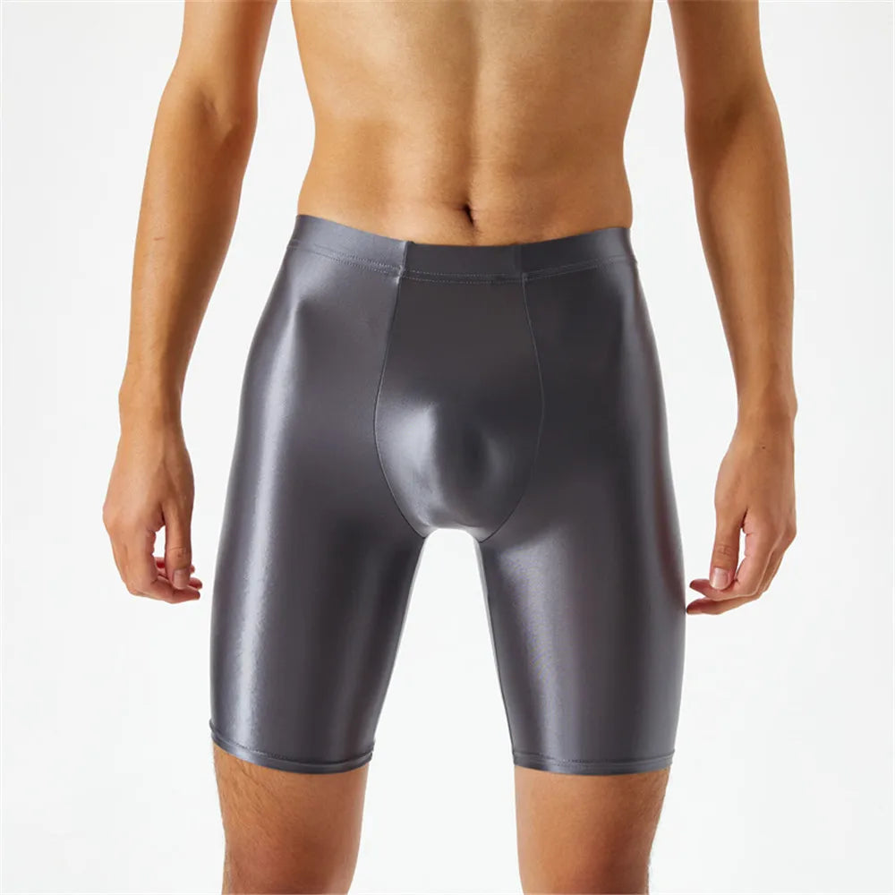Men Oil Shiny Shorts gym Shapewear Ice Silk High Elastic Sexy Boxer Tight Shape U Pouch Sheath Man Shorts Smooth Candy Color