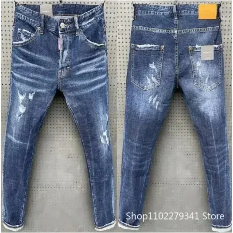 Men Ripped Skinny Denim Jeans Blue Holes Jeans Italian Style Stretch Denim Pants High Quality Male Slim Fit Denim Trousers  38