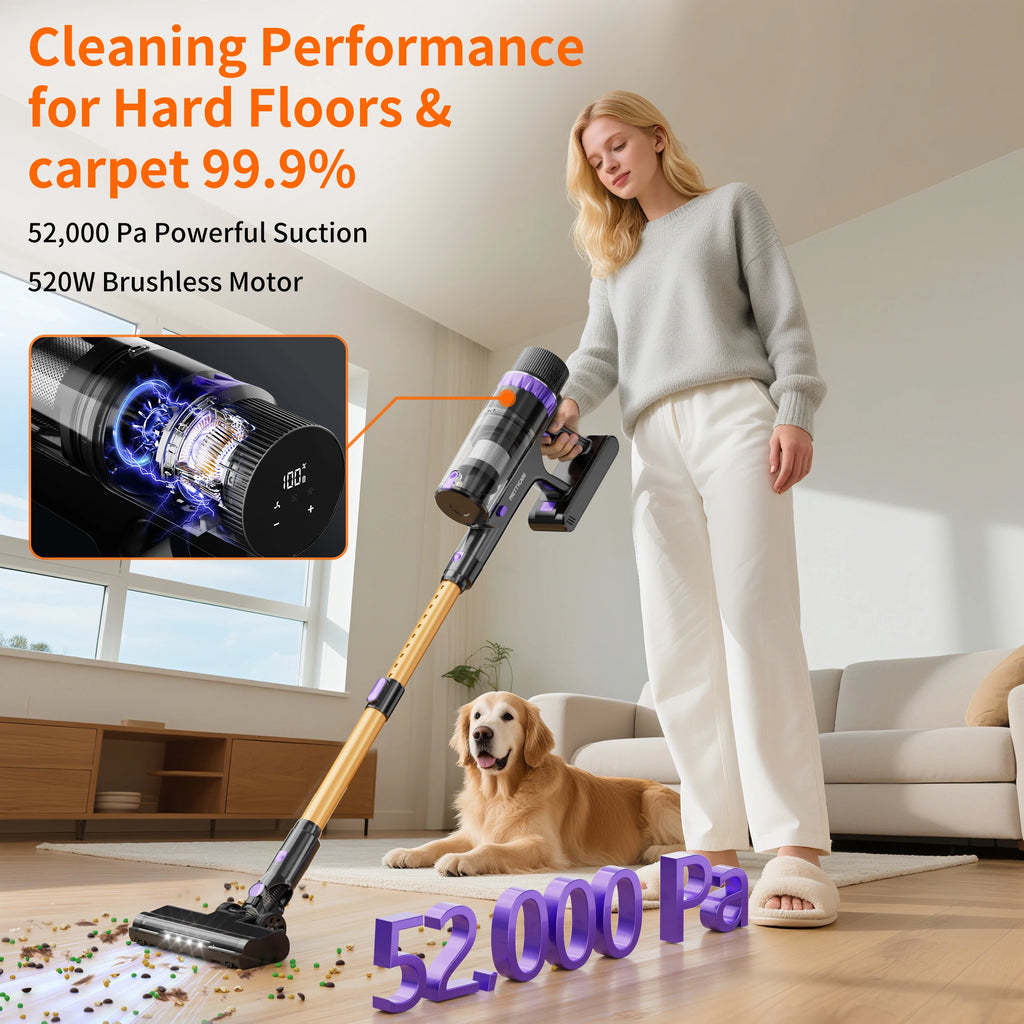 PrettyCare V900 Cordless Vacuum Cleaner 530W 52000PA Suction Power Vacuum Cleaner 62 Minutes Removable Battery Handheld Vacuum