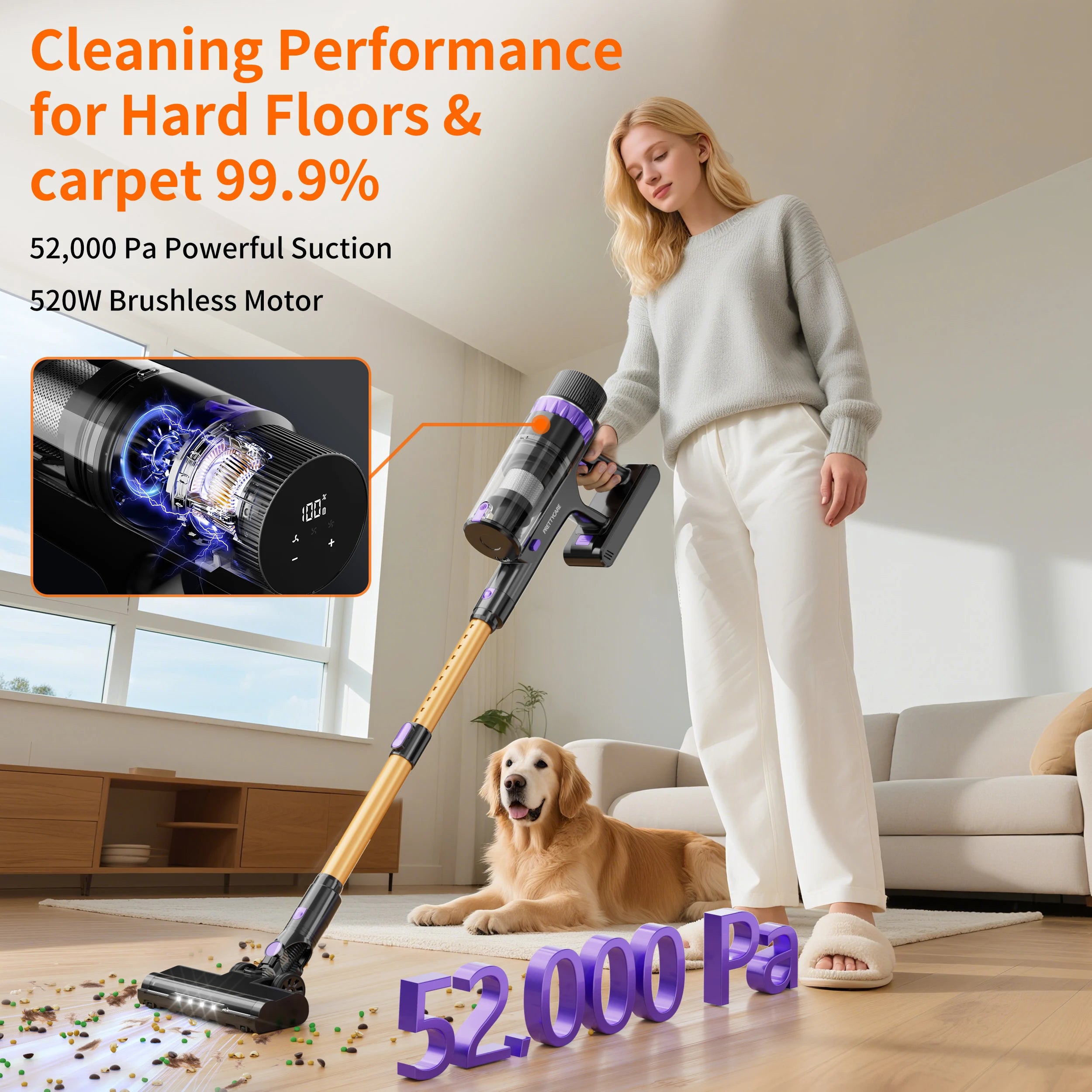 PrettyCare V900 Cordless Vacuum Cleaner 530W 52000PA Suction Power Vacuum Cleaner 62 Minutes Removable Battery Handheld Vacuum