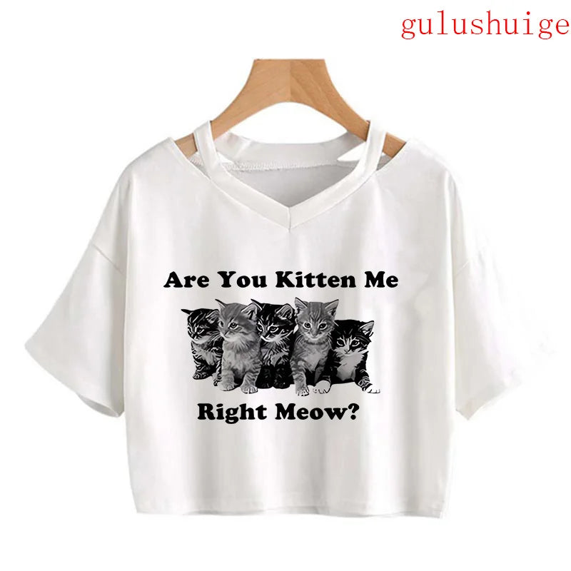 Y2k Crop Top Funny Cute Cat T Shirt Women Shirt Cropped Harajuku Graphic Ulzzang T-shirt 90s Tshirt Top Tee Female Gothic