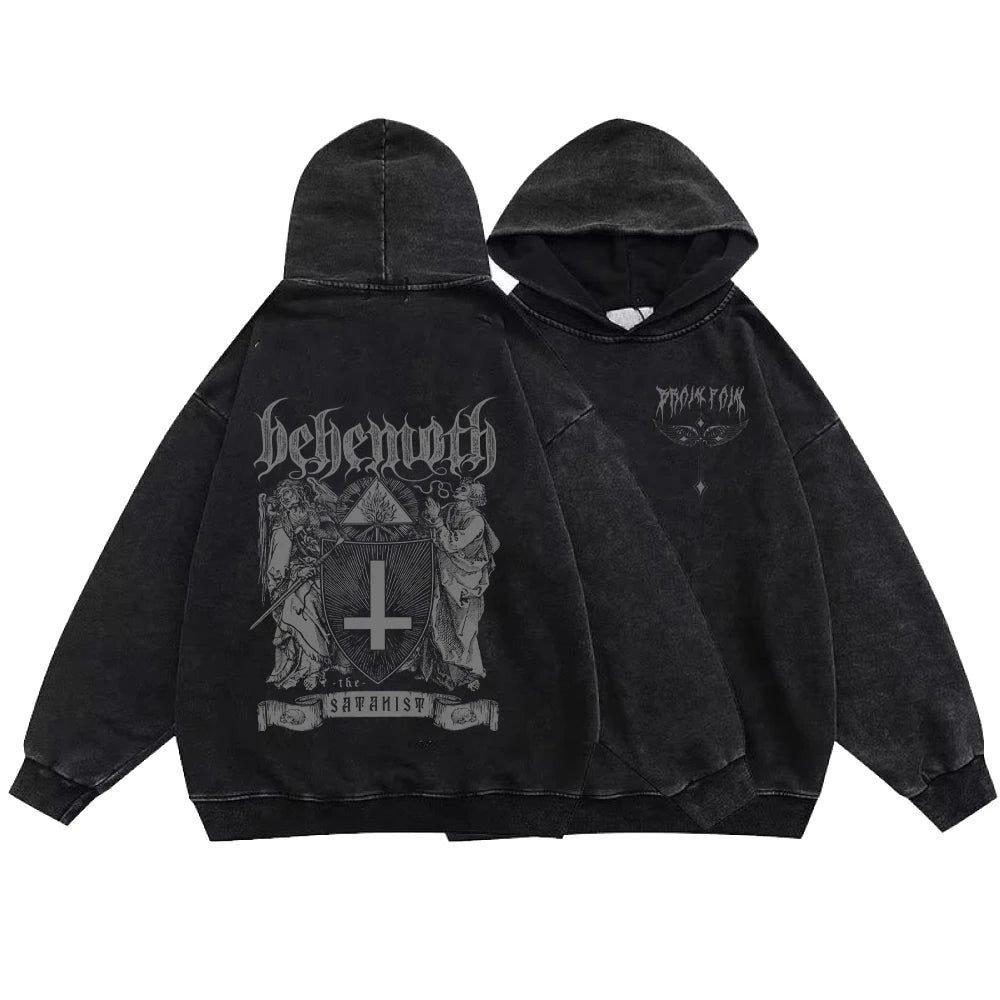 Gothic Style Hoodies Vintage Washed Letter Cross Y2K Sweatshirts Hip Hop Streetwear Long Sleeve Pullover Oversized Harajuku Tops