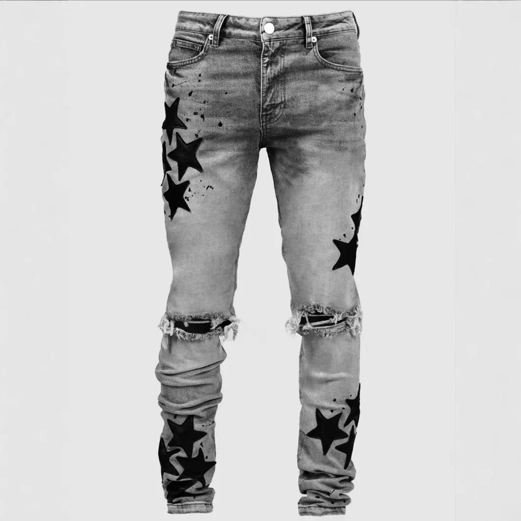 Ripped Men Jeans Denim Pant Star Mid Waist Slim Fit Vintage Wash Punk Style Skinny Pencil Pants Distressed Holes Ankle Length