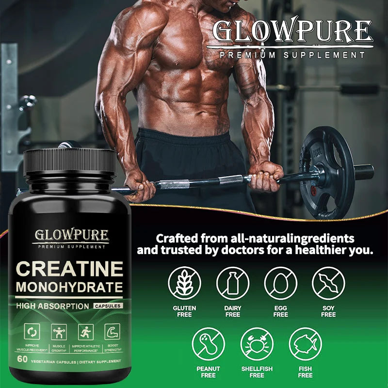 Creatine Monohydrate Capsules for Muscle Endurance, Workout Recovery, Mass Gainer, Strength Performance Nutritional Supplement