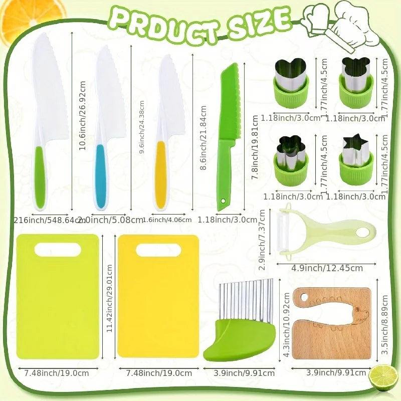 13 pieces Montessori Kitchen Tools Cooking Set - Real Toddler Safe Knives, Crinkle Cutter, Cutting Board - Safe for Real Cooking