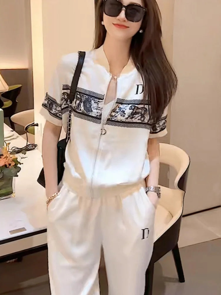 French Women Casual 2 Piece Sets Cool Ice Silk Comfortable Summer Zipper Short Sleeve Jacket Coat and Sweatpants Loose Sports