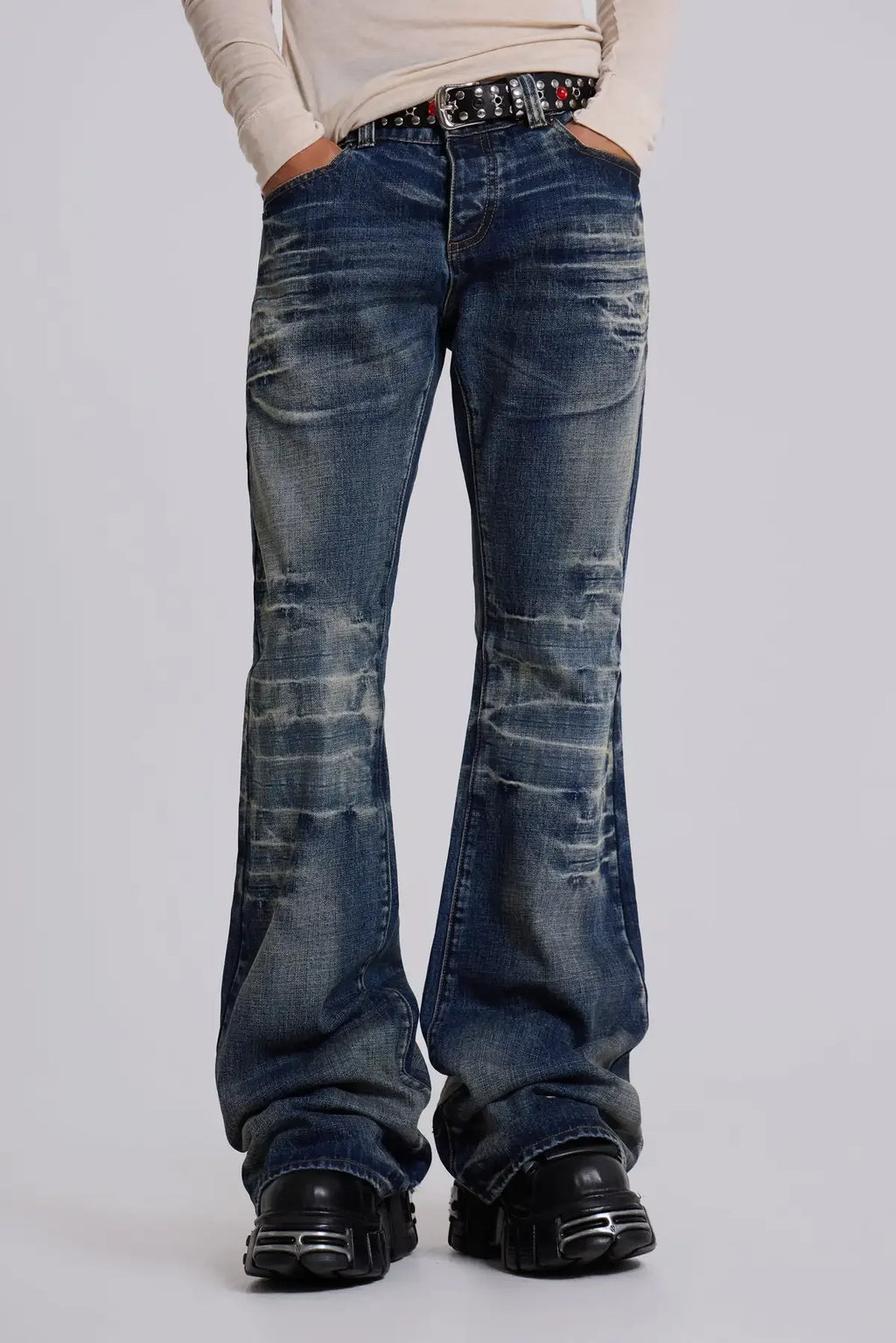 Y2K Arctic White Drift Flared Trumpet Jeans Retro Washed High Street Hip Hop Wide Leg Pants Gothic Slim Fit Unisex Trumpet Jeans