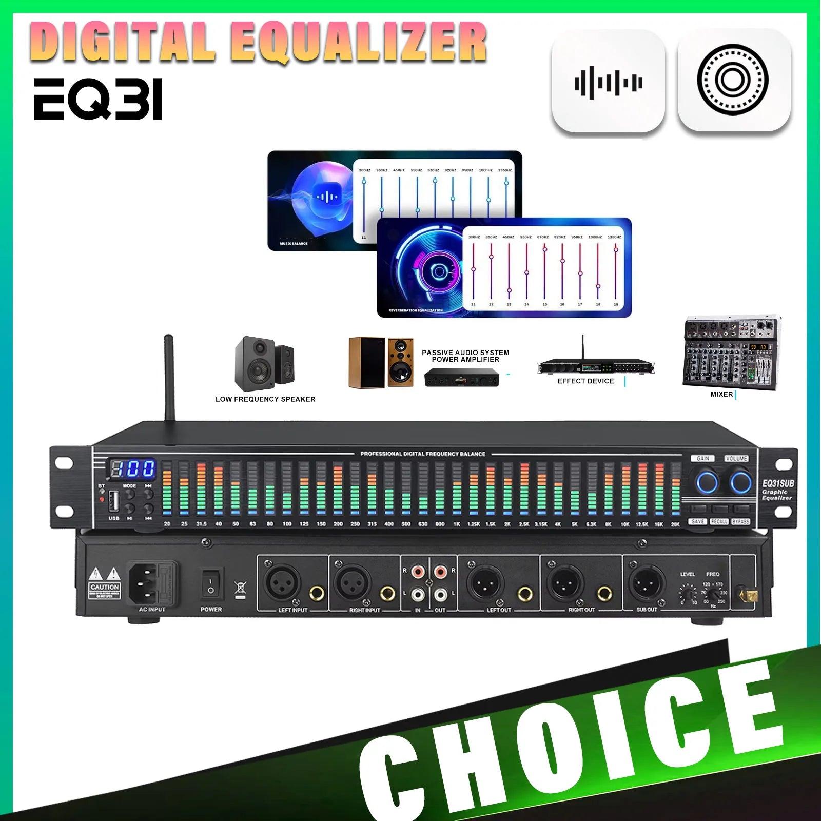 EQ31SUB 31-Stage Digital Equalizer Professional Audio Tuner for Stage Performance Noise Reduction Professional audio stage equip