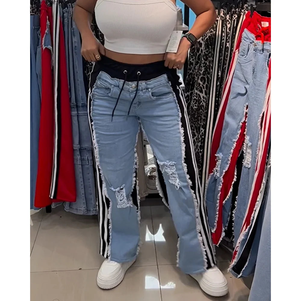 High Waist Ripped Jeans Women Colorblock Contrast Distressed Patchwork Pants Streetwear Wide Leg Long Stretch Denim Jeans