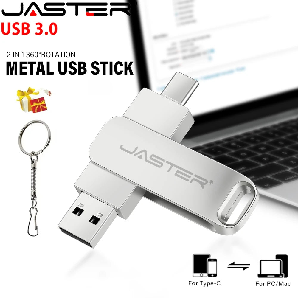 JASTER 2 IN 1 USB 3.0 Flash Drives 64GB Key Chain Pen Drive 32GB TYPE-C for Phone Memoria USB 16GB High Speed Creative Gift 8GB