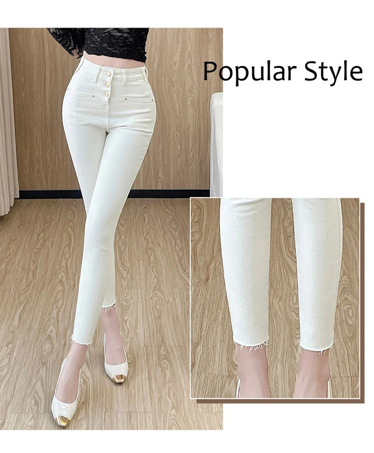 New White Skinny Jeans Woman High Waist Casual Stretch Jeans Vintage Sexy Femme Ankle Length Pencil Pants Denim Jeans