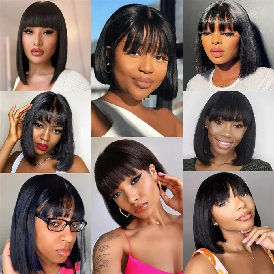 Peruvian Hair Straight Bob Non Lace Wigs 100% Human Hair Wig With Bang Natural Color Short Inch Bob Lace Wig For Black Women