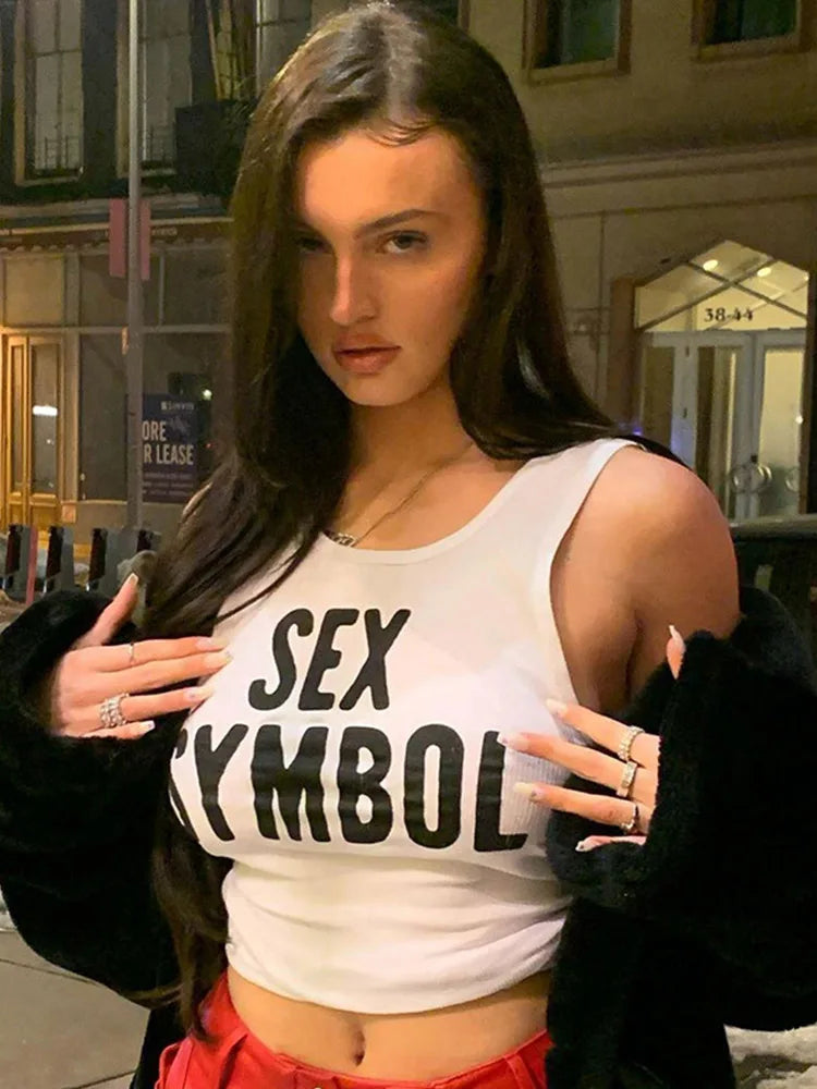 Y2K Aesthetics Letter Print Baby Crop Tops 2000s Streetwear Patchwork O-neck Short Sleeve Summer Women's Tank Tops