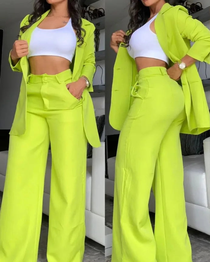 Two Piece Set Women Outfit Autumn Fashion  Collar Long Sleeve Blazer Coat & Elegant Pocket Design Work Pants Set
