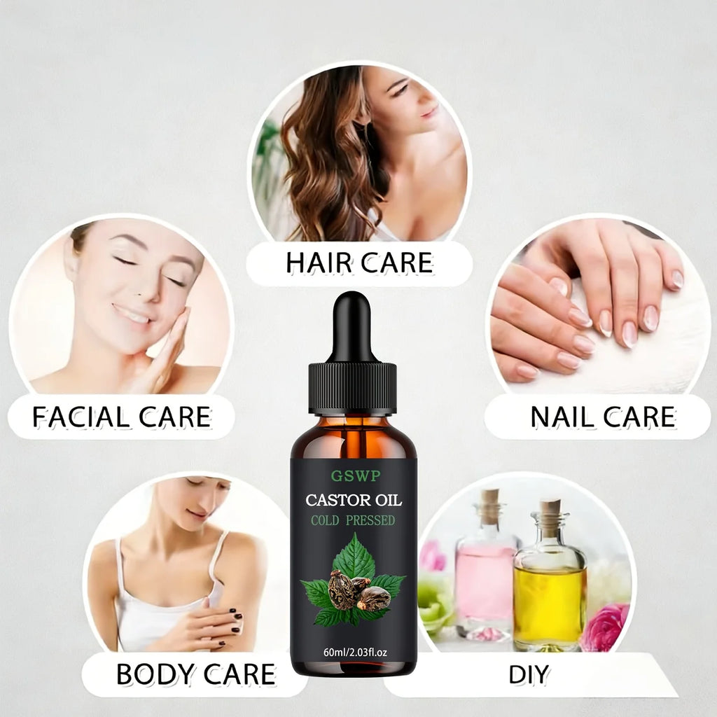 GSWP castor oil is suitable for facial skincare, body massage, hair care, hand moisturizing, and aromatherapy diffuser use.60ml