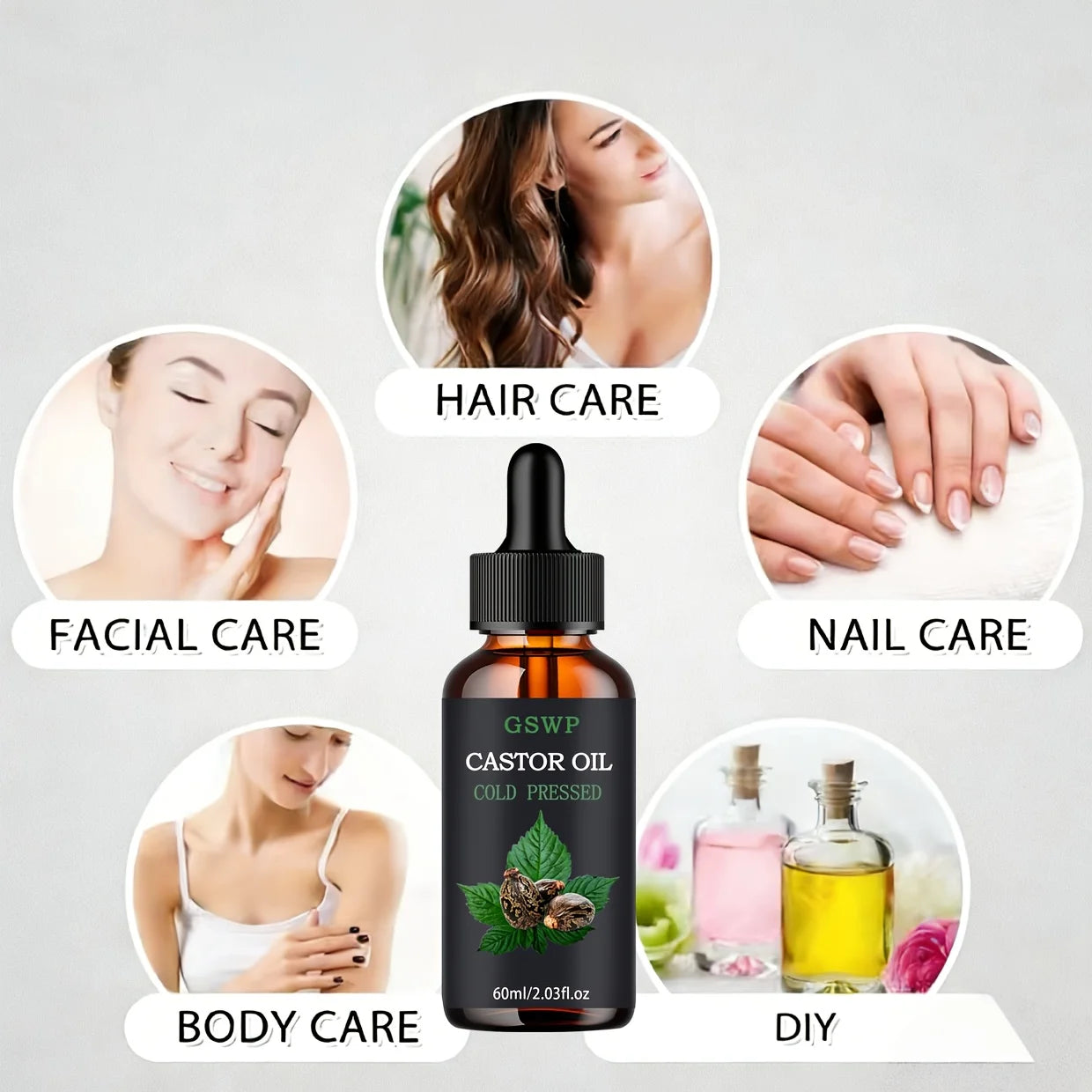 GSWP castor oil is suitable for facial skincare, body massage, hair care, hand moisturizing, and aromatherapy diffuser use.60ml