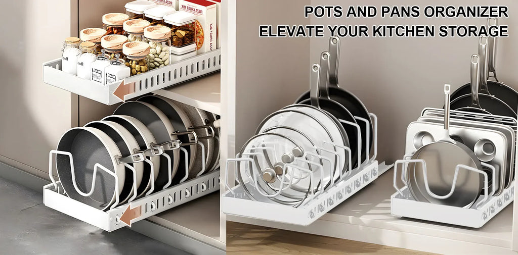 Kitchen Multifunctional Organizer - Pull-Out for Pots/Pans, Sliding Lid Holder, Spice Rack & Dish Drying Racks Drawer Organizer