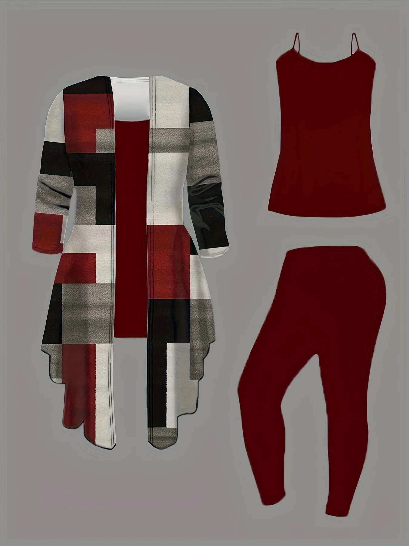 Plus-size women's 3-piece set: color-blocked printed cardigan jacket paired with trousers and vest for a casual everyday look.