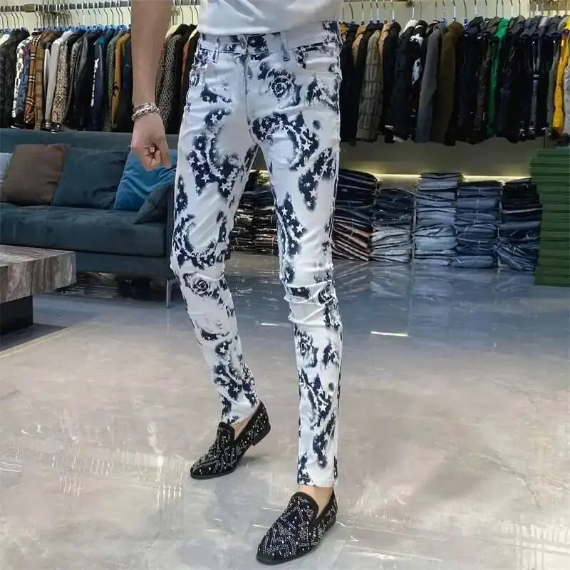 Trendy Men's Slim Fit Jeans Personalized Print Street Elastic Men's Pant Pantalon Homme Punk Denim Long Pants Hip Hop Jeans