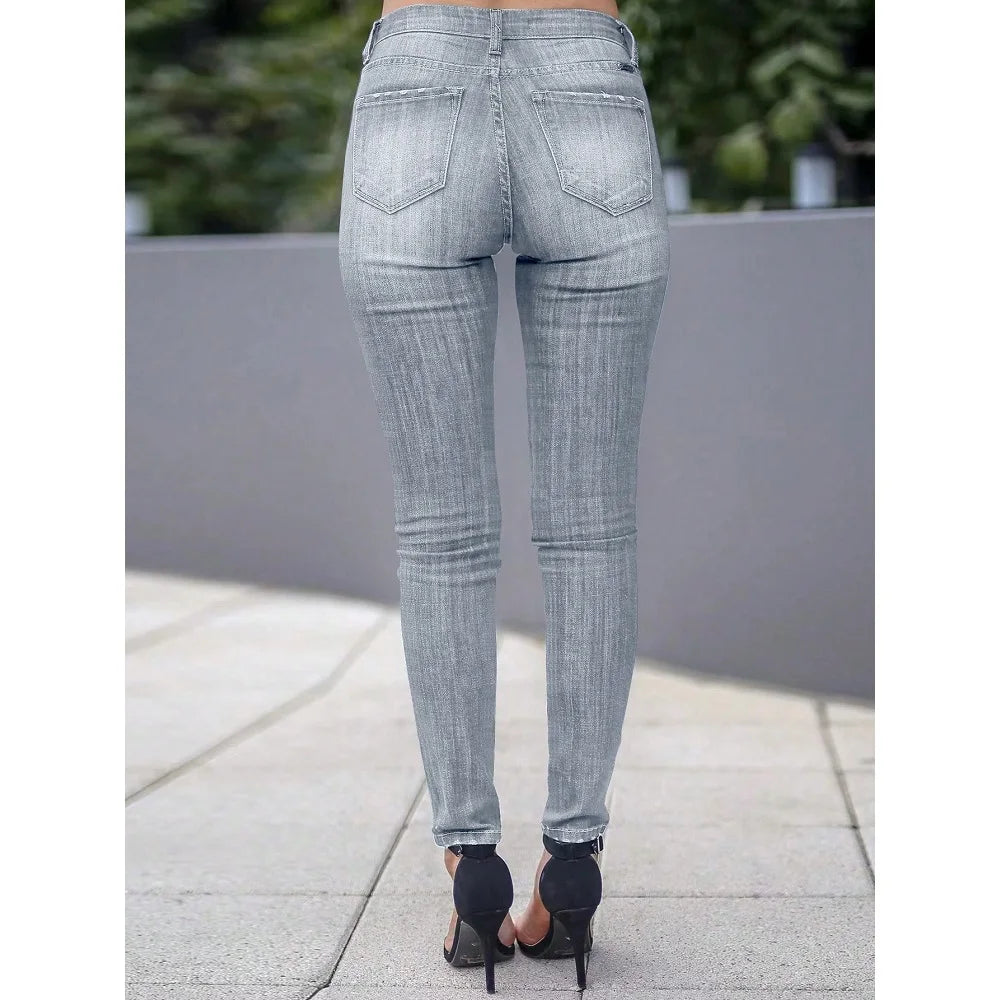 Women Newest Slim Stretch Jeans Solid Color Skinny Pencil Pants Ladies Full Length Denim Jeans