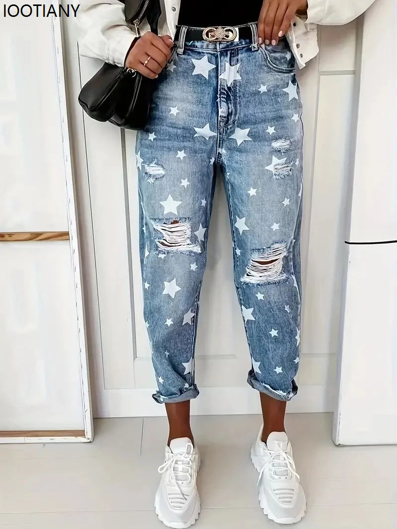 New Boyfriend Jeans Women's Slim Fit Ripped Jeans Fashion Women's Five-pointed Star Ripped Jeans Street Casual Blue Jeans 2025