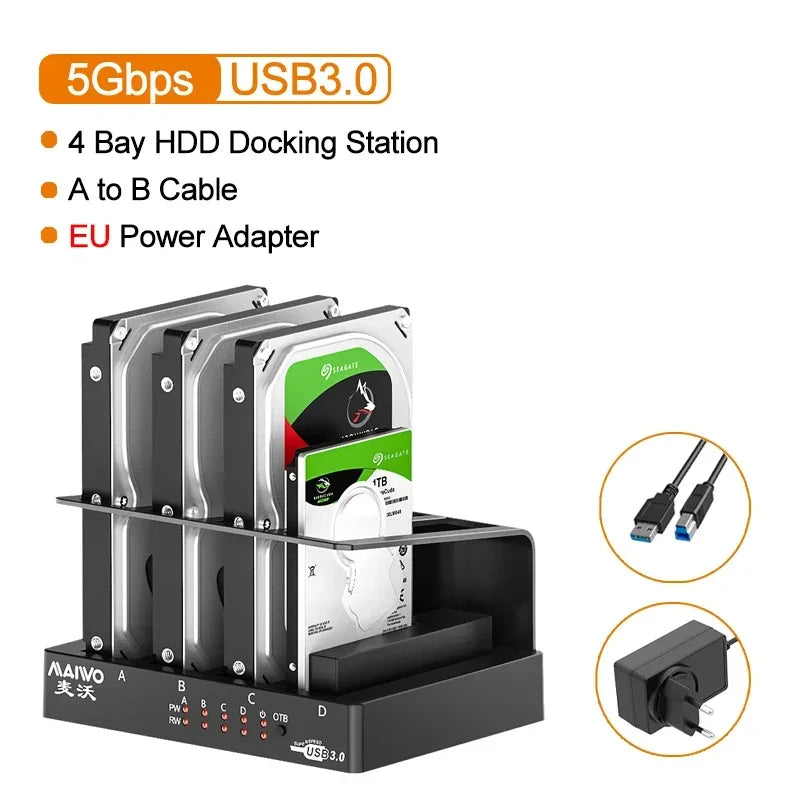 MAIWO 4 Bay Hard Drive Docking Station for 2.5/3.5 Inch HDD SSD SATA To USB 3.0 HDD Docking Station with 12V3A Power Adapter