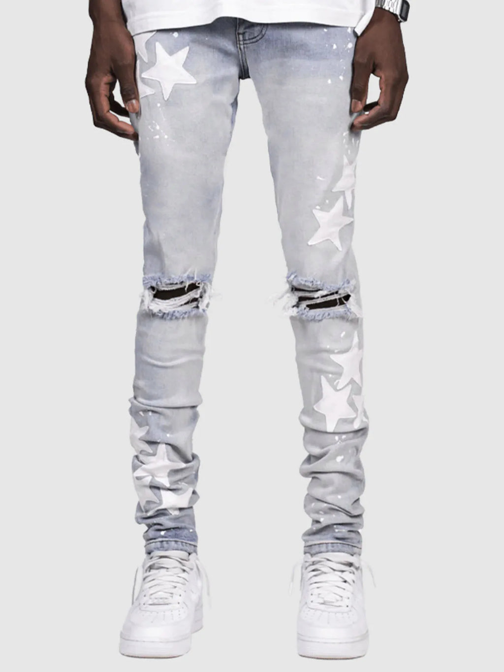 Ripped Men Jeans Denim Pant Star Mid Waist Slim Fit Vintage Wash Punk Style Skinny Pencil Pants Distressed Holes Ankle Length