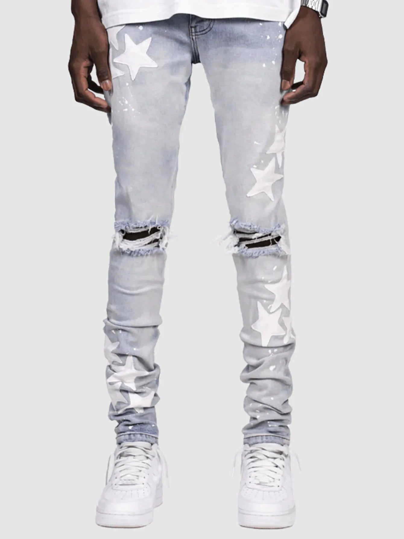 Ripped Men Jeans Denim Pant Star Mid Waist Slim Fit Vintage Wash Punk Style Skinny Pencil Pants Distressed Holes Ankle Length