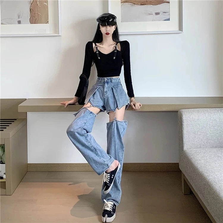 Women Straight Leg Ripped Jeans For Women Fashion Loose Hole Streetwear Women High Waist Pants Hole Denim Trousers