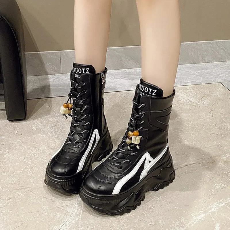 NEW Luxury Chunky Platform White Motorcycle Boots Women Lace Up Thick Bottom Ankle Boots Woman Autumn Fashion Vulcanized Shoes