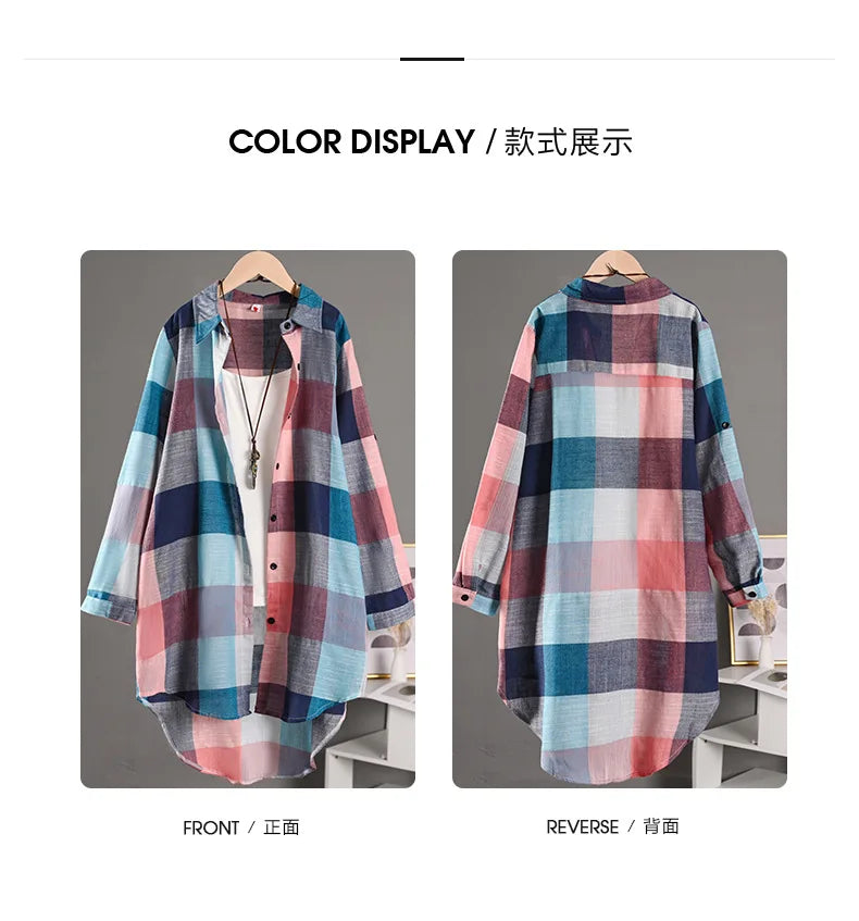 Women's Plaid Shirt Casual Blouses Woman Tops for Women Long Sleeve Long Sleeve Shirts Chic Blouse Check Linen Cotton Clothing