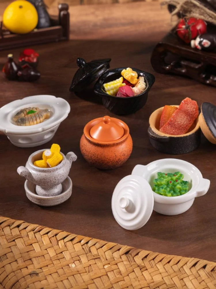 DIY Miniature Dollhouse Kitchen Decoration Accessories; Mini Clay Pot, Plate and Food Model