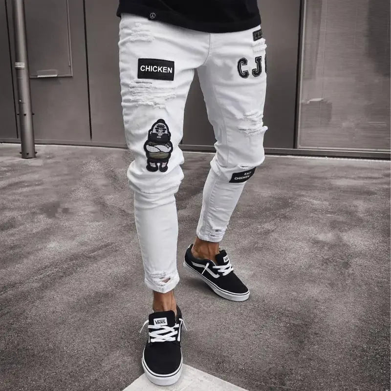 Mens Skinny Ripped jeans Slim scarification Blue Denim Pencil Pants Street hip-hop denim trousers fashion cowboy clothing men