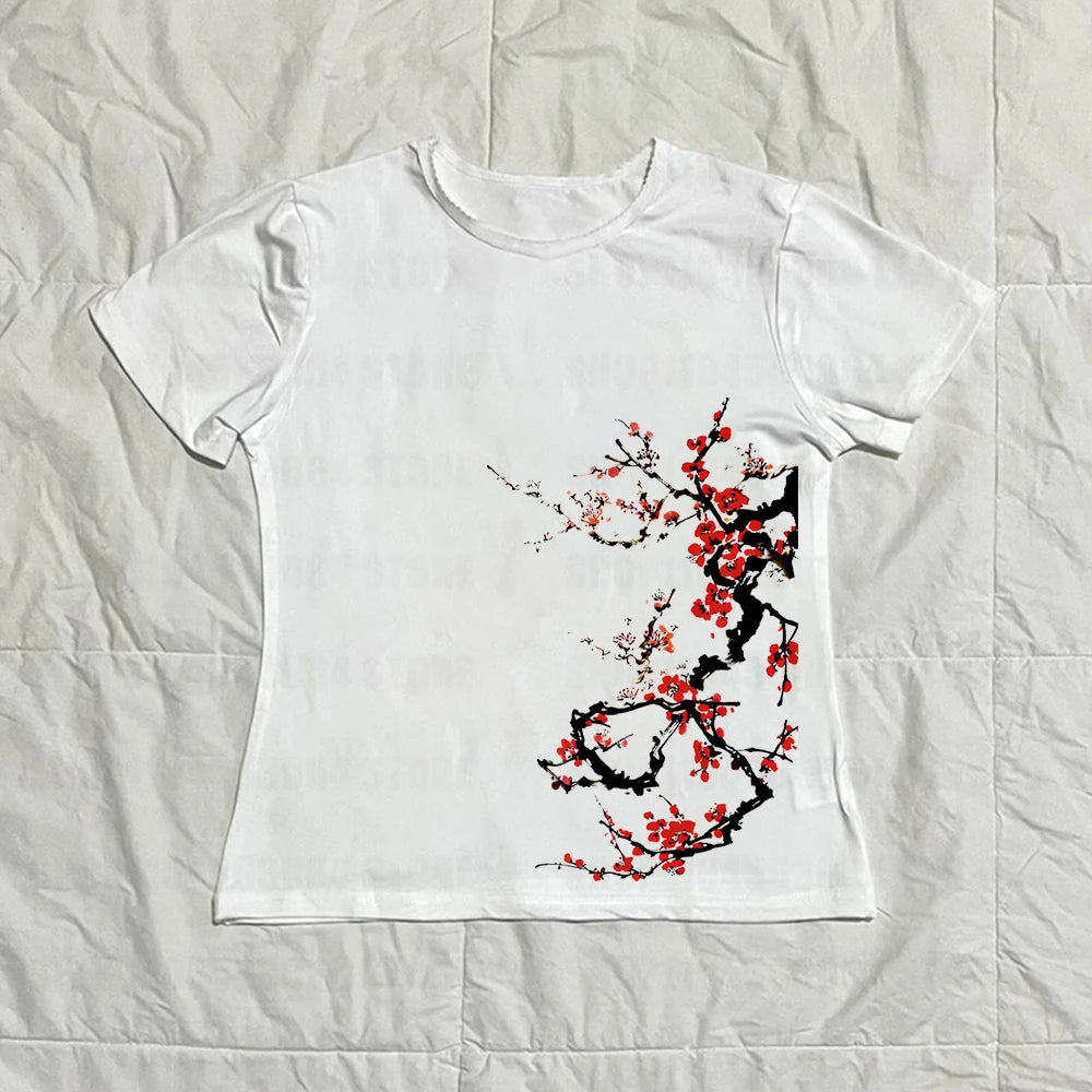 Y2K streetwear Vintage Crop Top Punk Women Flower Print sexy Baby Tee Fashion 2000s Top Y2k Style personality Emo Girls ﻿