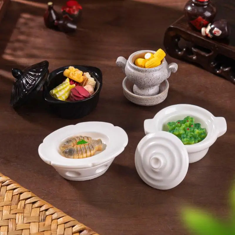 DIY Miniature Dollhouse Kitchen Decoration Accessories; Mini Clay Pot, Plate and Food Model