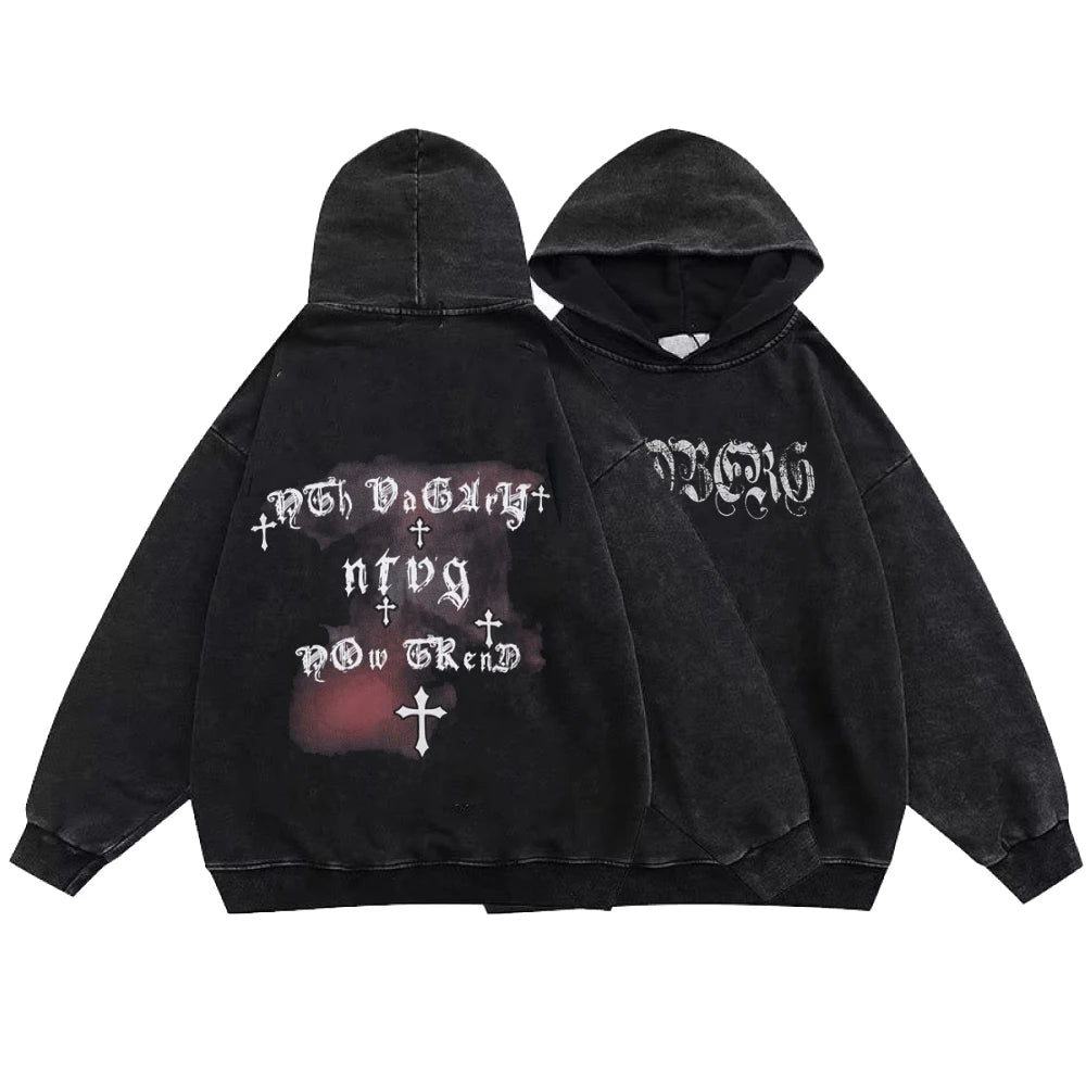 Gothic Style Hoodies Vintage Washed Letter Cross Y2K Sweatshirts Hip Hop Streetwear Long Sleeve Pullover Oversized Harajuku Tops