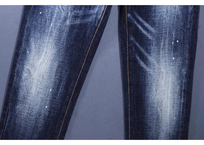 Designer Fashion Men Jeans High Quality Retro Blue Stretch Slim Fit Painted Ripped Jeans Men Brand Vintage Denim Pants Hombre