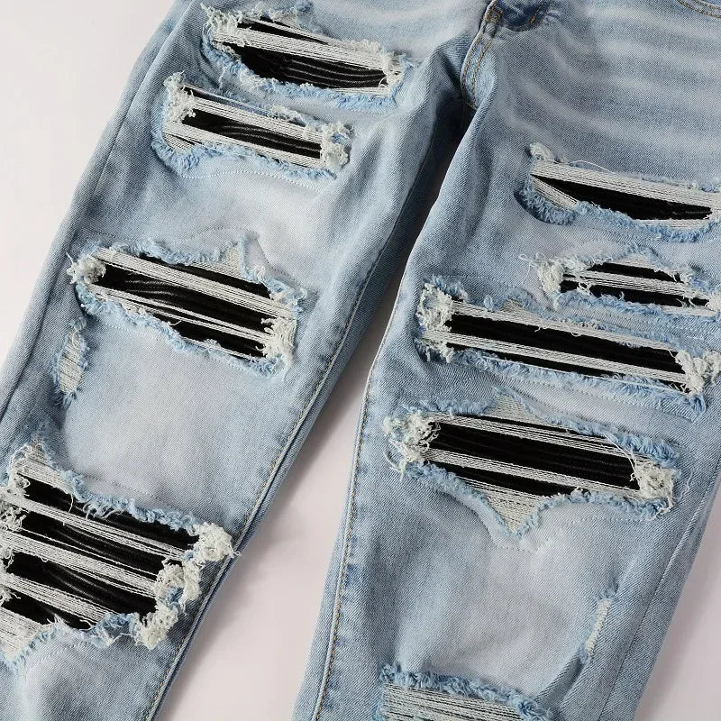 High Street Jeans Patch Hand-worn Holes Slim Skinny Jeans for Men