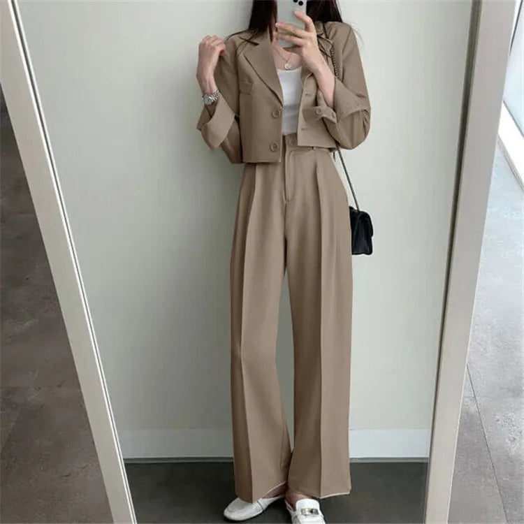 Suit Coat 2 Piece Set Women Blazer Jacket Straight Pants Ensemble Single Breasted Turn Down Collar Trousers Office Lady Outfits