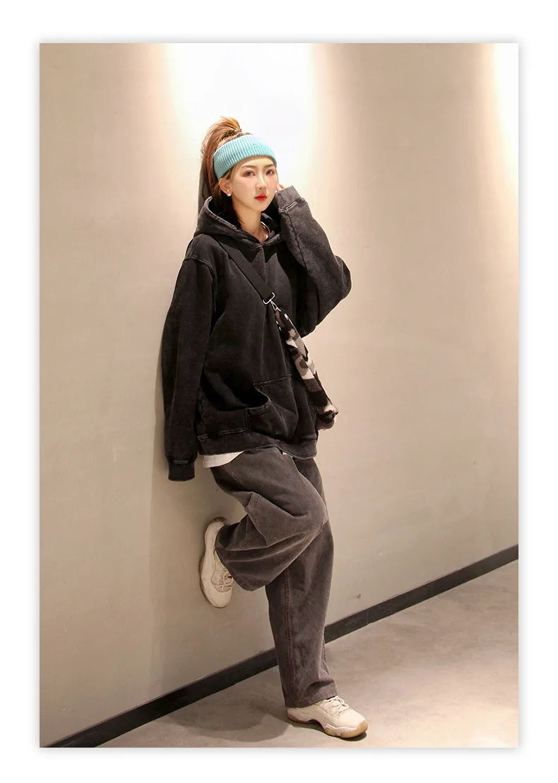 100% Cotton Men's Clothing Vintage Black Acid Wash Hoodies Men Women Oversized Hip Hop Sweatshirts Casual Pullover Y2K Clothes