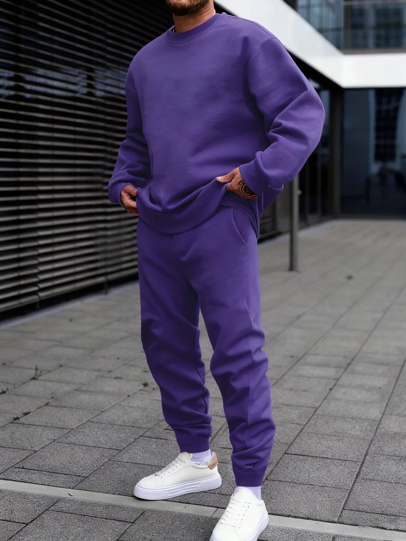 Autumn Man Sweatshirt Set Fleece Casual Solid Color Two-piece set Fashion Crewneck Sweatshirts Street Soft Sweatpants