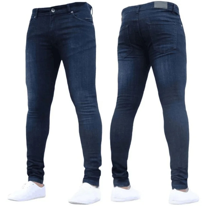 European and American New Style Tight and Personalized Popular Jeans 2024 Fashion Men's Elastic Solid Color Slim-fit Pants
