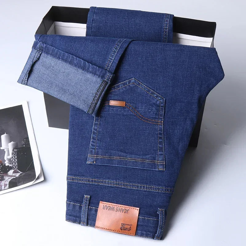 Men Fashion Straight Jeans Mens 2025 New Stretch Slim Fit Pants Comfortable Soft Business Denim Trousers Male Brand Clothing
