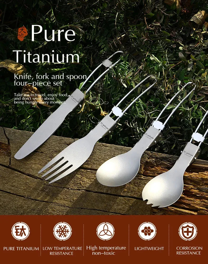 Tiartisan Titanium Foldable Cutlery Portable Outdoor Camping Tableware Hiking Folding Fork Spoon Knife