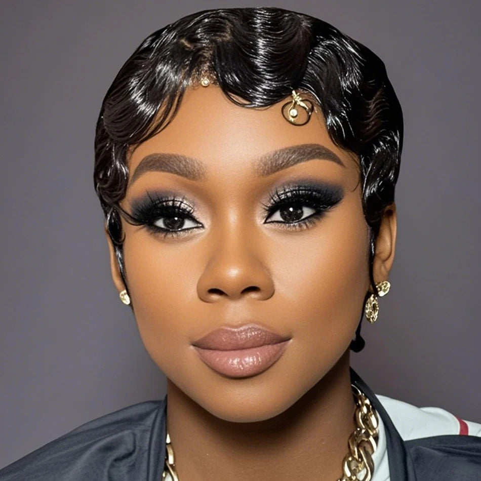 Retro Finger Wave Brazilian Remy Human Hair 13x4 Lace Frontal Water Wavy Pixie Wig for Women 150% Density Ocean Deep Wave Wig