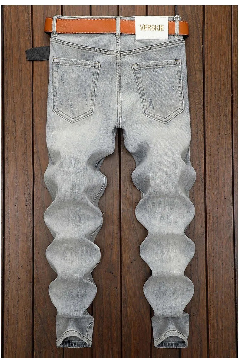Spring and Autumn New Fashion Trend Sports Ripped Stretch Straight Leg Jeans Men's Casual Slim Breathable High-Quality Jeans