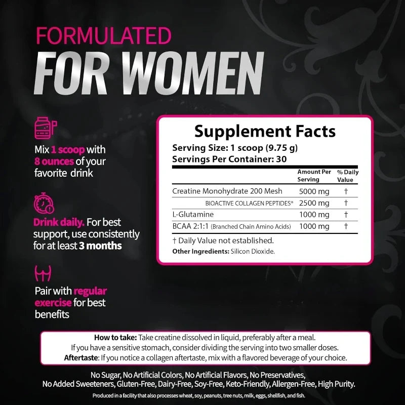 Creatine Powder for Women 5g Monohydrate with Collagen Peptides BCAA L-Glutamine Unflavored 30 Servings Daily Wellness Support