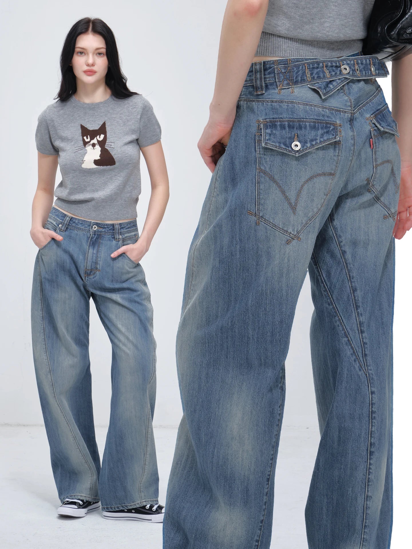 Vintage American-Style Washed Jeans for Women, Mid-Low Waist Design, Loose Wide-Leg, Height-Enhancing, Washed Blue Jeans, Paris Buckle Adjustable Three-Dimensional Curved Knife-Cut Trousers