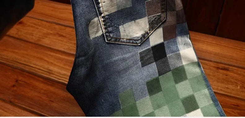 Trendy design mosaic printed jeans for men's fashionable summer thin casual and handsome elastic denim slim fit small leg pants